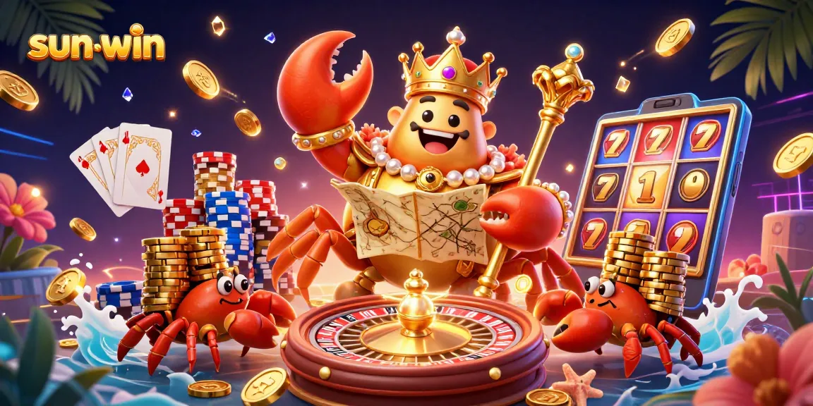 Experience sun-win with a golden crab emperor in a vibrant casino scene full of exciting elements.