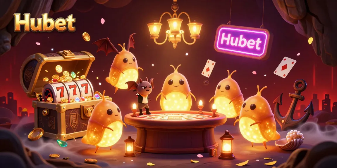 Experience thrilling games at Hubet with bioluminescent glowworms in a vibrant casino scene.