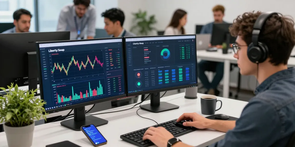 libertyswap interface on multiple monitors in a dynamic digital finance workspace.