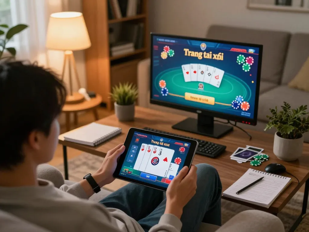 Engaging in Trang tài xỉu online gameplay from a cozy home setup with strategic notes.