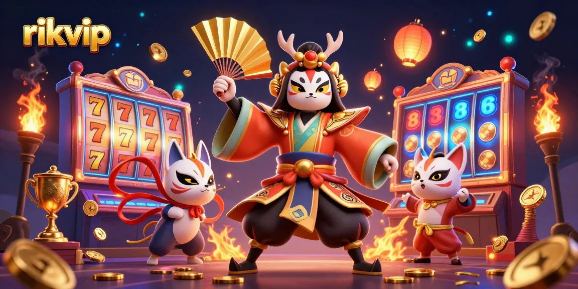 Spin the reels at rikvip with a kabuki warrior illuminating the excitement of jackpot gaming.