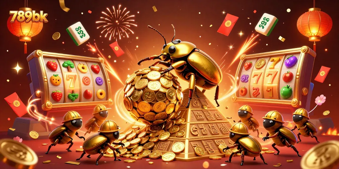Experience the thrill of 789bk with a cartoon beetle scene full of lively casino symbols and celebration.