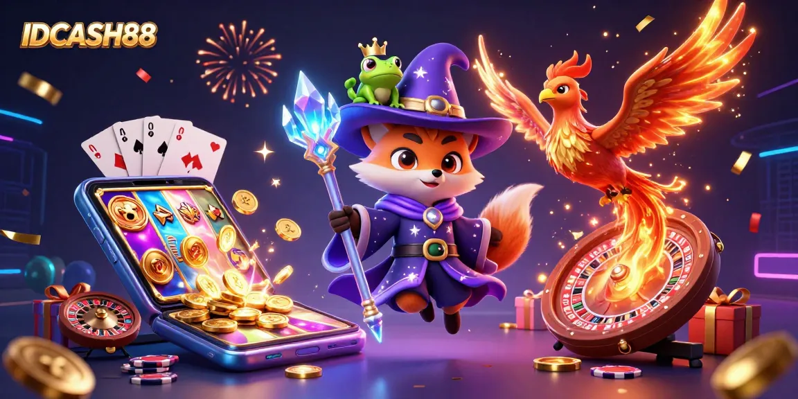 Engage with IDCASH88 by spinning vibrant slot reels and winning golden coins in this dynamic illustration.