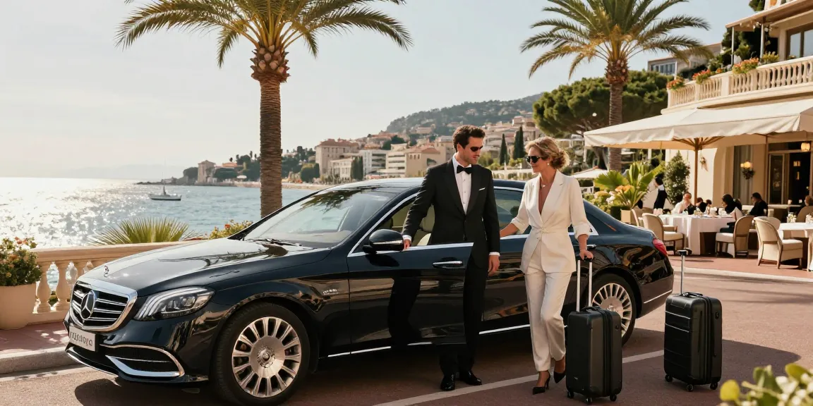 Privet transfer nice Cannes : chauffeur élégant accueillant des clients devant la mer Méditerranée au bord de la Côte d'Azur.
