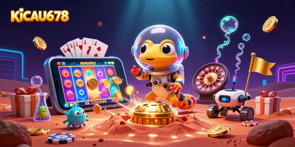 KICAU678 features an adventurous Martian gecko exploring a golden casino on Mars with dynamic gambling elements