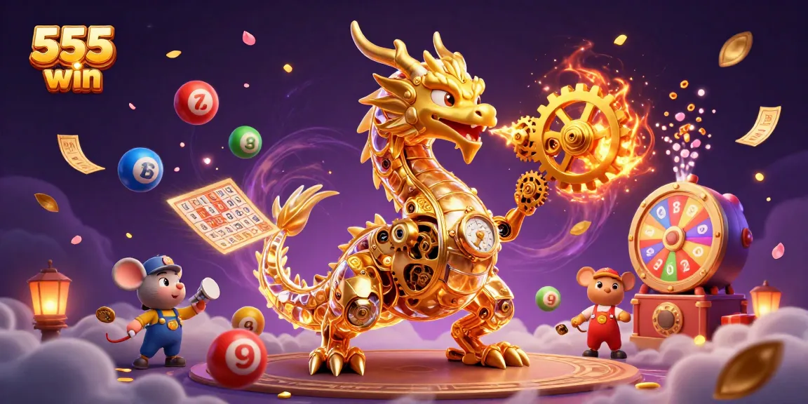 Engage with 555 win in this dynamic scene featuring a golden dragon and vibrant lottery elements.