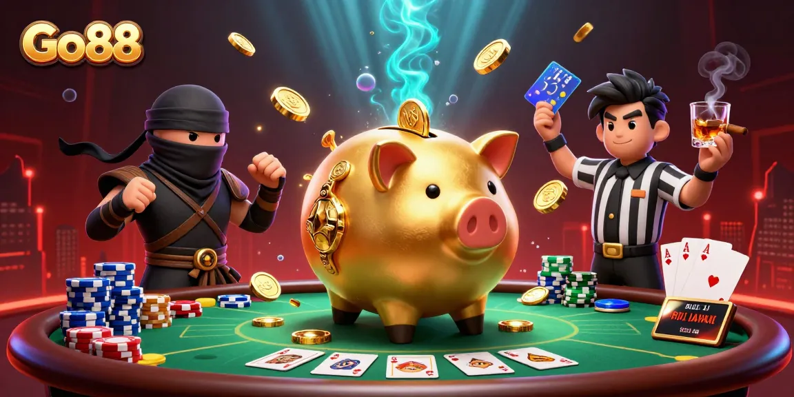 Go88 casino scene with a golden piggy bank sumo wrestler and ninja, surrounded by poker elements.