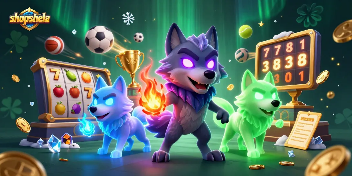 shopshela depicts a thrilling slot game scene with mystical wolves, flashing symbols, and energetic gaming elements.