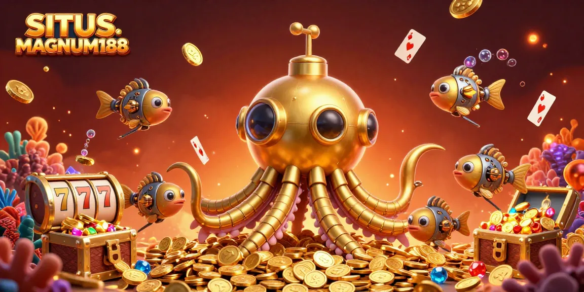 SITUS MAGNUM188 showcases vibrant golden kraken among slot reels and treasures in a colorful casino illustration.