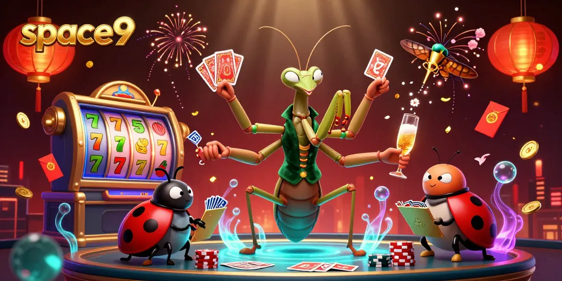 Experience thrilling gameplay at space9 with giant mantis dealers, vibrant slot reels, and festive elements.
