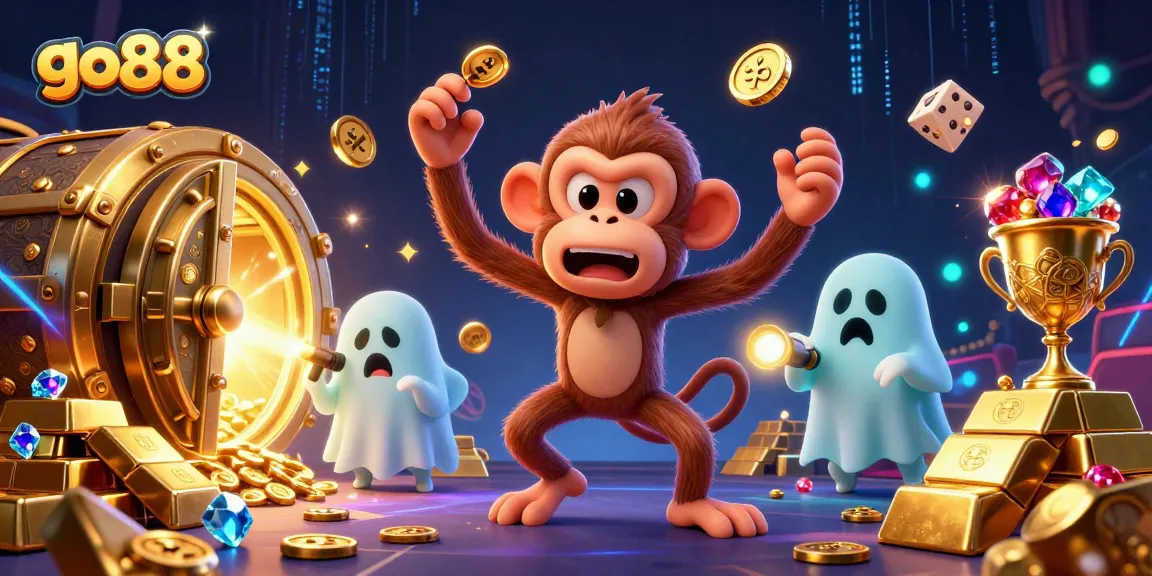 Experience the excitement at go88's haunted casino with a ghostly monkey and a curious puppy!