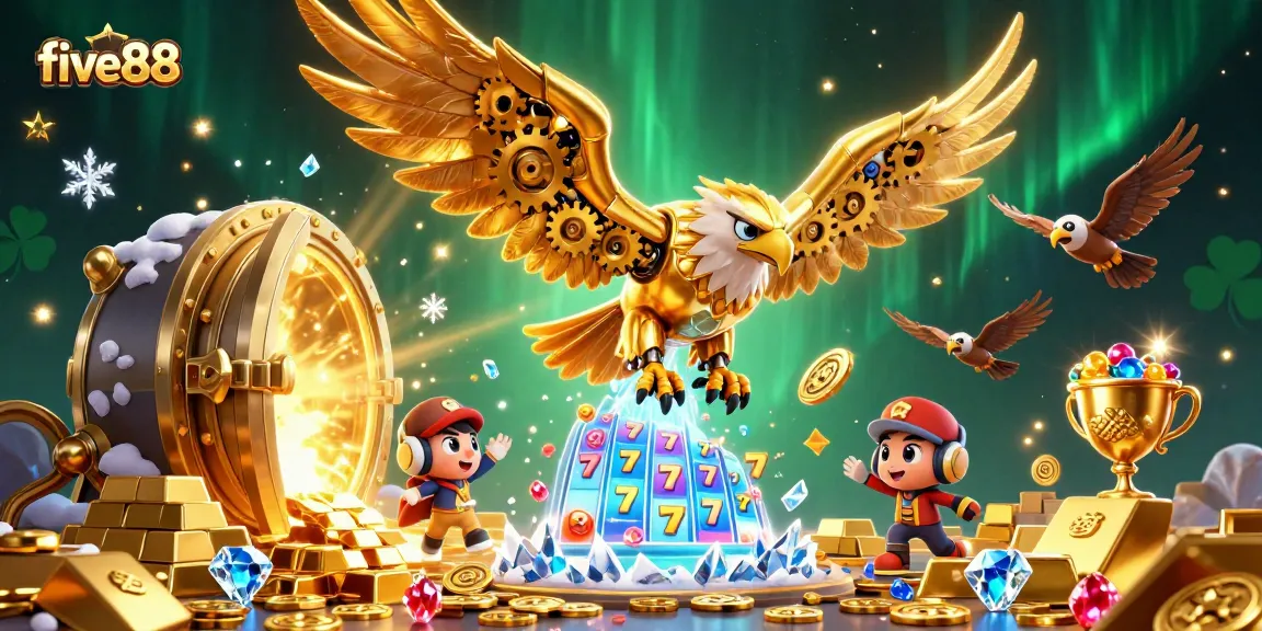Win big at five88 with a vibrant 3D casino illustration showcasing an eagle amidst slot machines and treasure.
