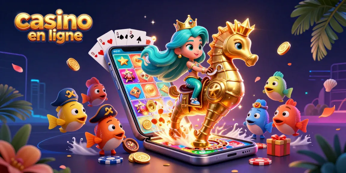 Jouez à casino en ligne avec une princesse sirène et un hippocampe doré entourés de poissons colorés.
