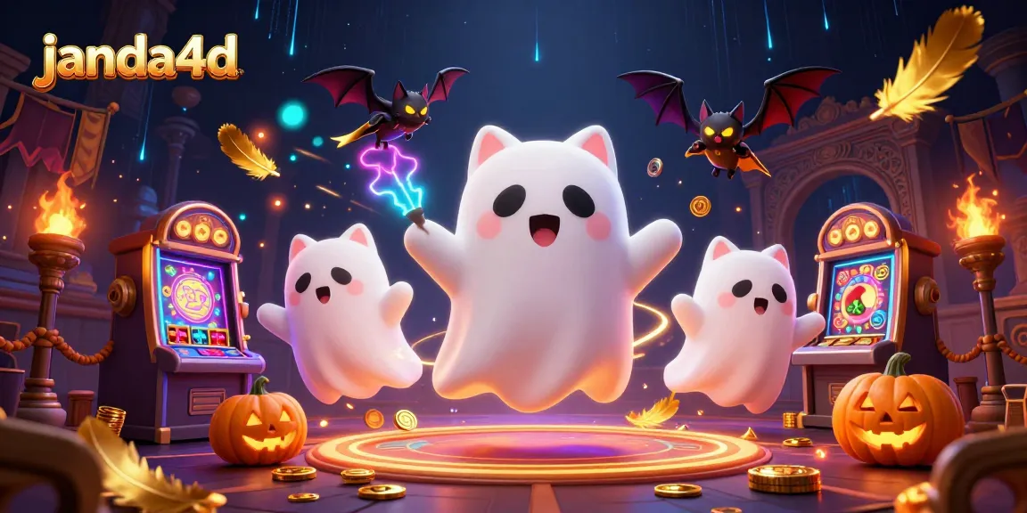 Permainan slot janda4d menunjukkan kucing hantu mengambang di kasino bertema, meraih kemenangan.