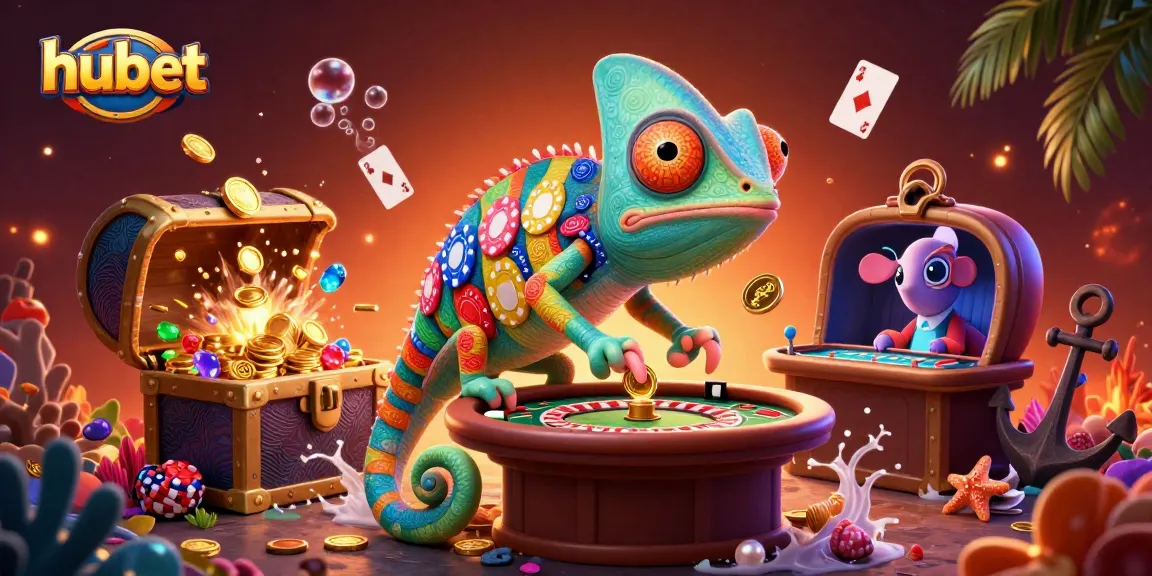 hubet is the vibrant casino hub, with a chameleon owner capturing golden coins, amidst dazzling game elements.