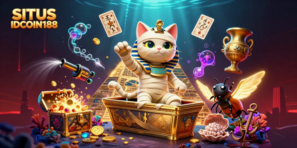 SITUS IDCOIN188 offers thrilling gameplay with an ancient Egyptian theme featuring a mummy cat and gold treasures in this vibrant scene.