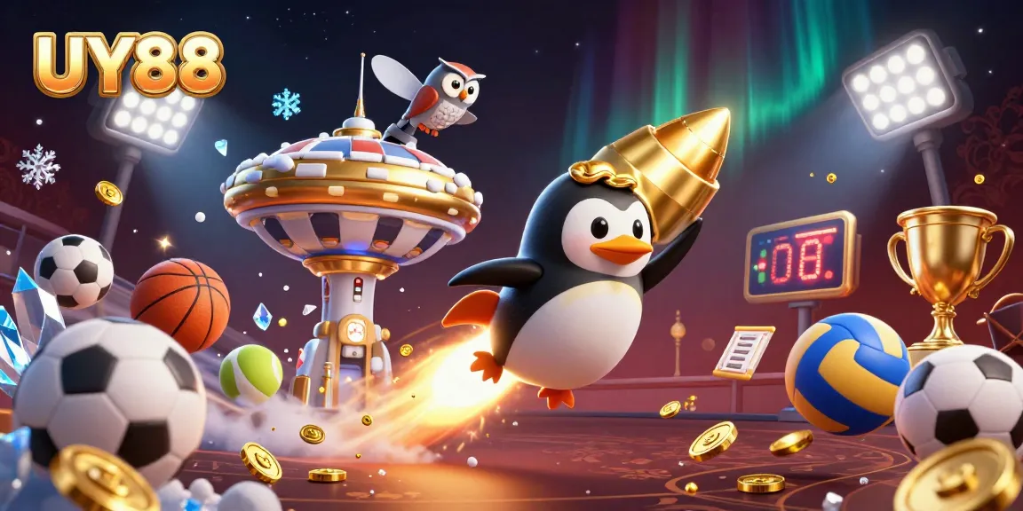 Engage with UY88 in this vibrant casino-themed illustration showcasing a golden penguin and sports elements.