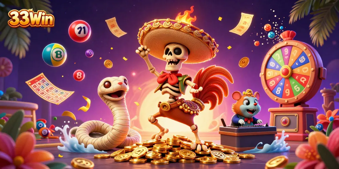 Win big with 33Win as skeleton and friends celebrate with lottery games and vibrant casino visuals.