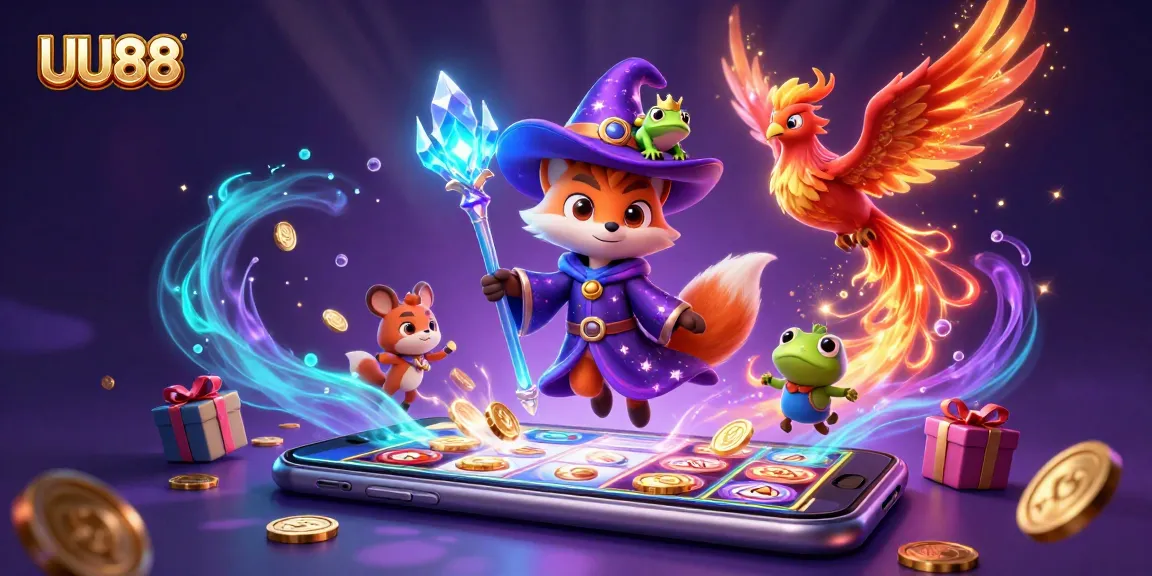 Experience the excitement of UU88 with a vibrant 3D casino scene featuring a magical wizard and fiery phoenix.