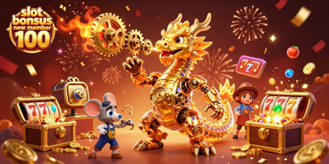 Experience the excitement of slot bonus new member 100 with a dynamic 3D illustration of casino elements.