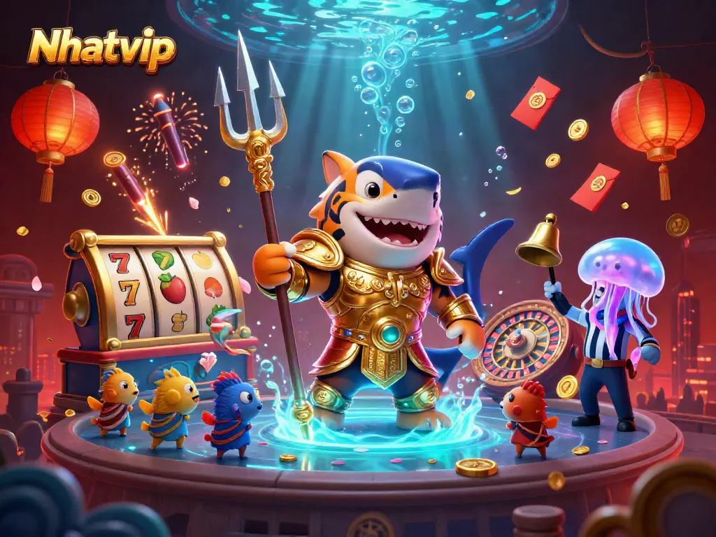 Nhatvip showcases a thrilling underwater casino adventure with an armored tiger shark and dynamic gaming elements.