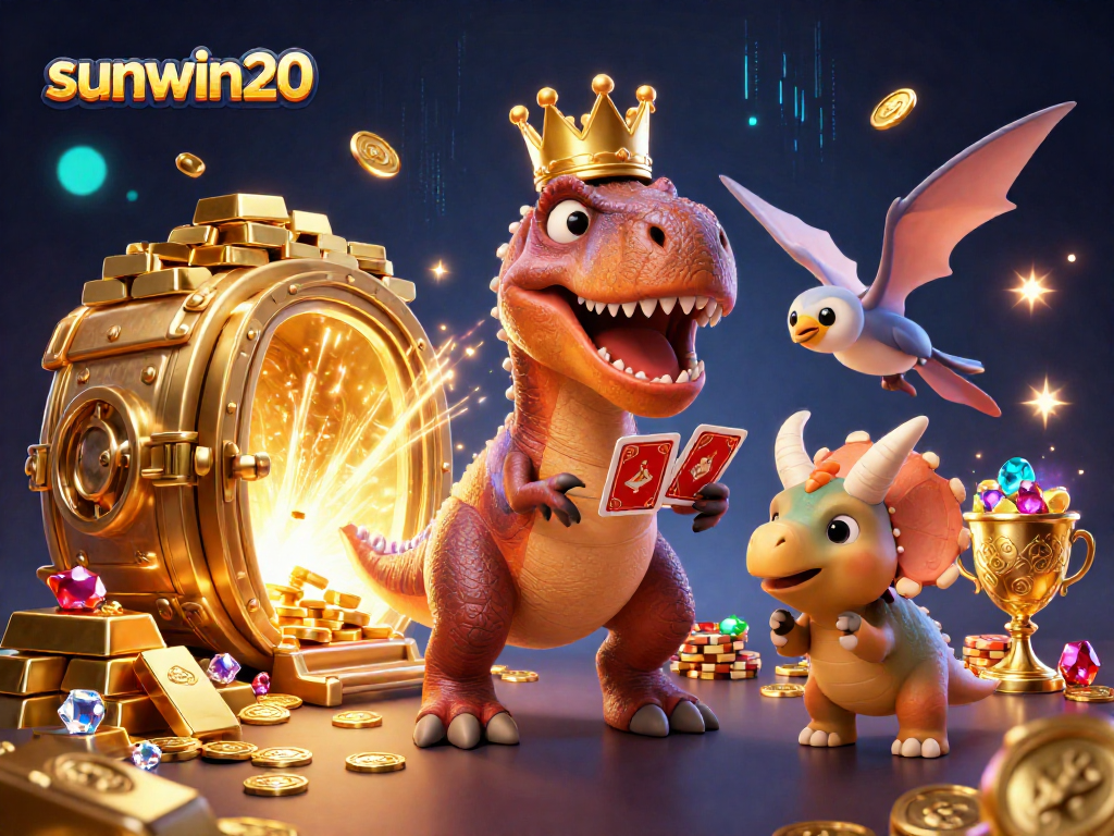 Play exciting card games featuring sunwin20 with a T-Rex, pterodactyl, and triceratops amidst treasures.