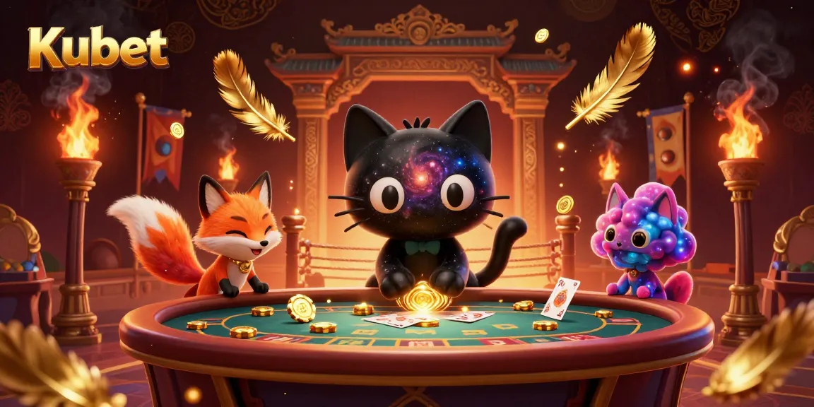 Kubet's unique black hole cat captivates players at a cosmic casino table, attracting golden chips.