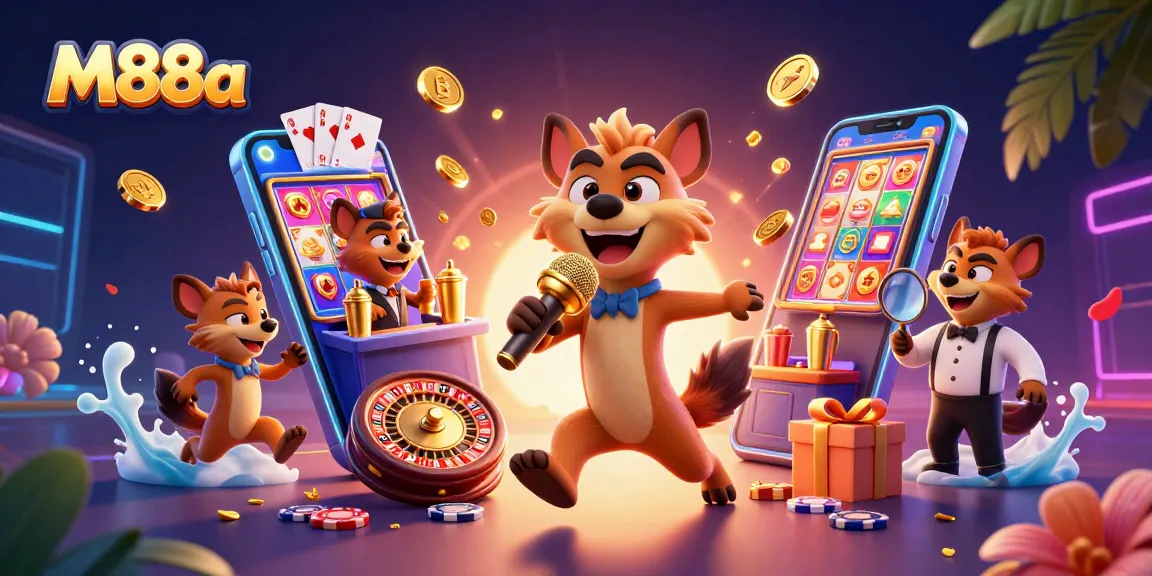 Experience the M88a comedy casino scene with hyenas and vibrant casino elements in an entertaining setting.