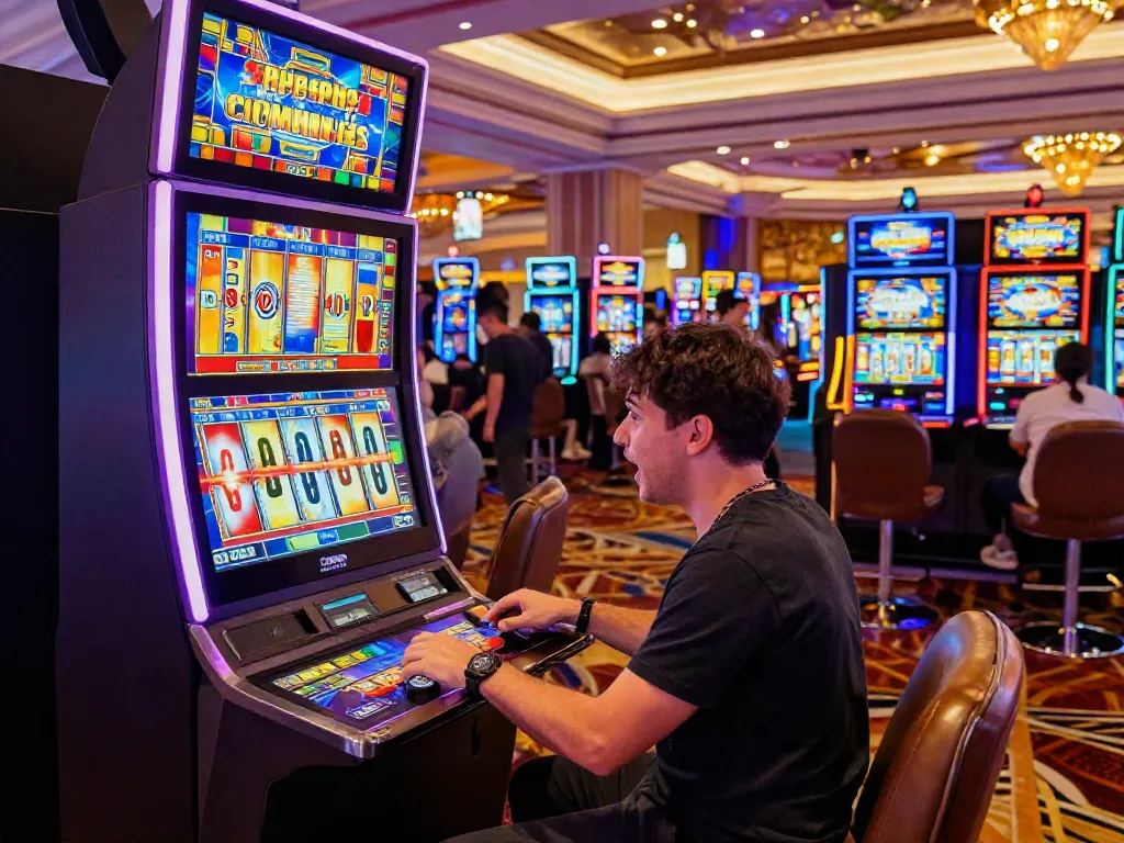 Exciting gameplay at i24Slots Casino with vibrant slot machines and a player enjoying the experience.