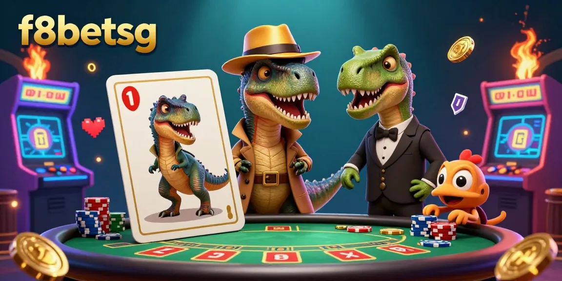 Experience the f8betsg casino with a velociraptor and friends at the blackjack table, amidst vibrant game elements.
