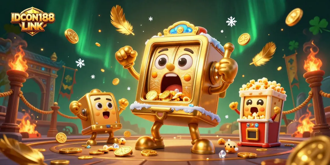 Celebrate jackpots with IDCOIN188 LINK's golden slot machines showering coins in a vibrant casino scene.