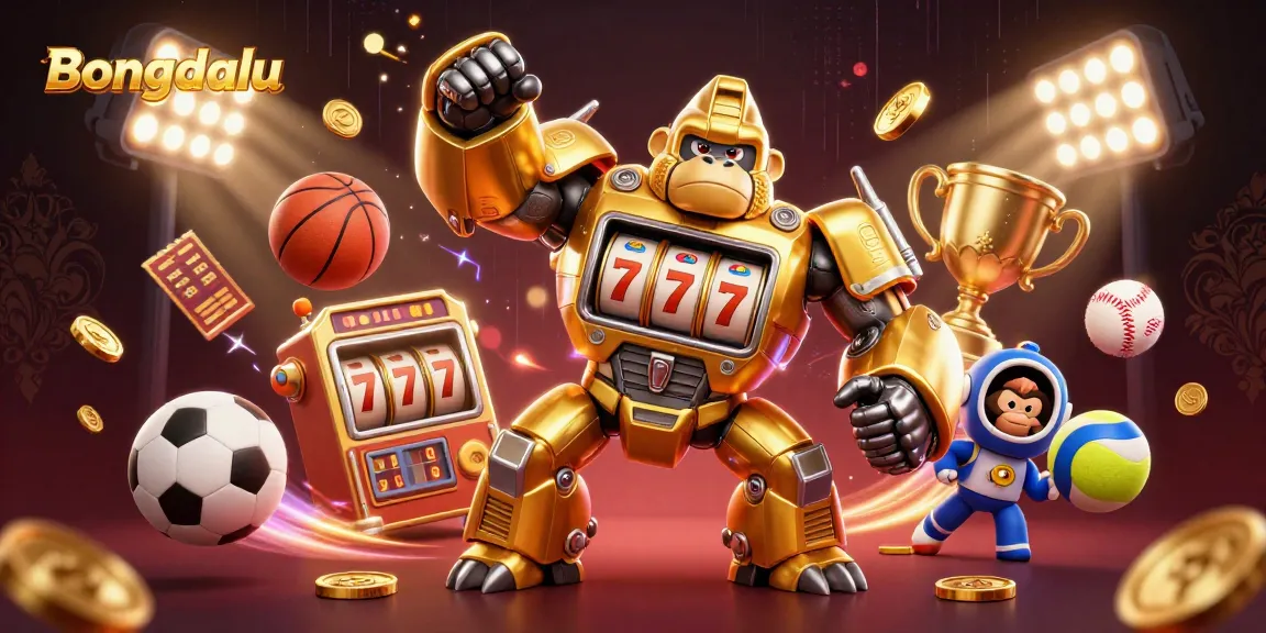 Bongdalu engages users with a dynamic 3D scene of a golden gorilla mech and sports elements, showcasing exciting betting action.