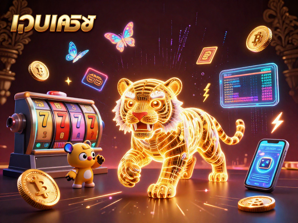 Experience เว็บตรง casinos with a vibrant digital casino scene featuring a glowing golden tiger and cryptocurrency elements.