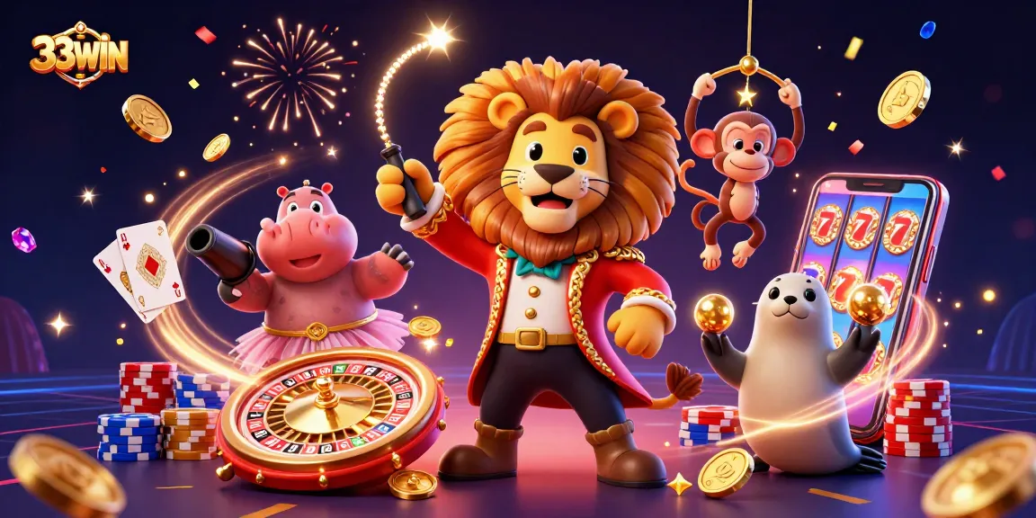 Experience the thrill of casino action with 33WIN's vibrant gaming scene, featuring colorful characters and sparkling elements.