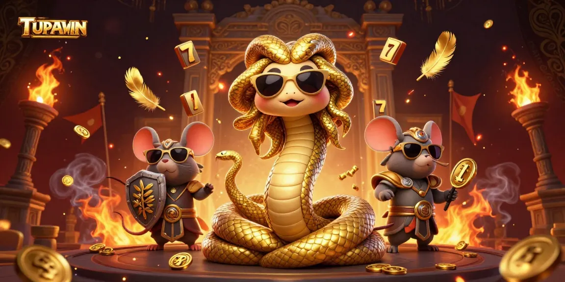 TUPAIWIN menghadirkan suasana permainan slot yang menyenangkan dengan karakter Medusa dan mouse prajurit di arena berapi-api.