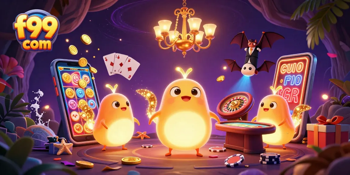 Ilustração de f99 com glowworms iluminando um cassino, em um ambiente vibrante de jogo.
