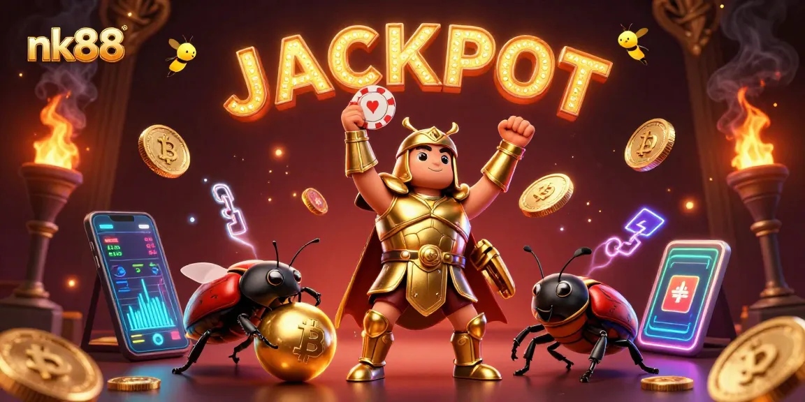 Spin to win big with nk88, featuring a heroic beetle lifting a poker chip in a vibrant casino scene.