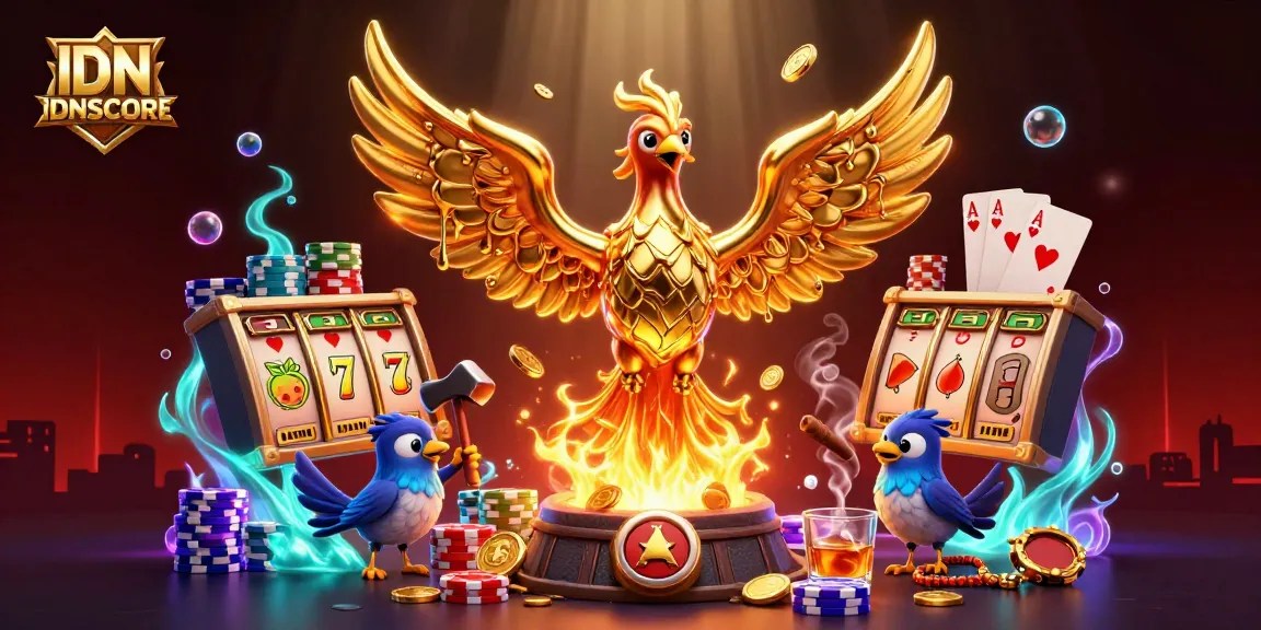 IDNSCORE showcases a vibrant, animated scene with a golden phoenix above slot game elements for online players.