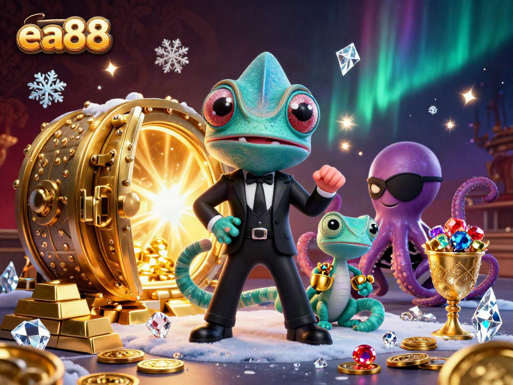 Experience the thrill of ea88 with our vibrant 3D casino illustration, showcasing dynamic characters and luxurious elements.