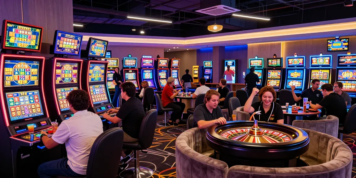 Exciting slot gaming atmosphere with players enjoying colorful machines and celebrating wins.