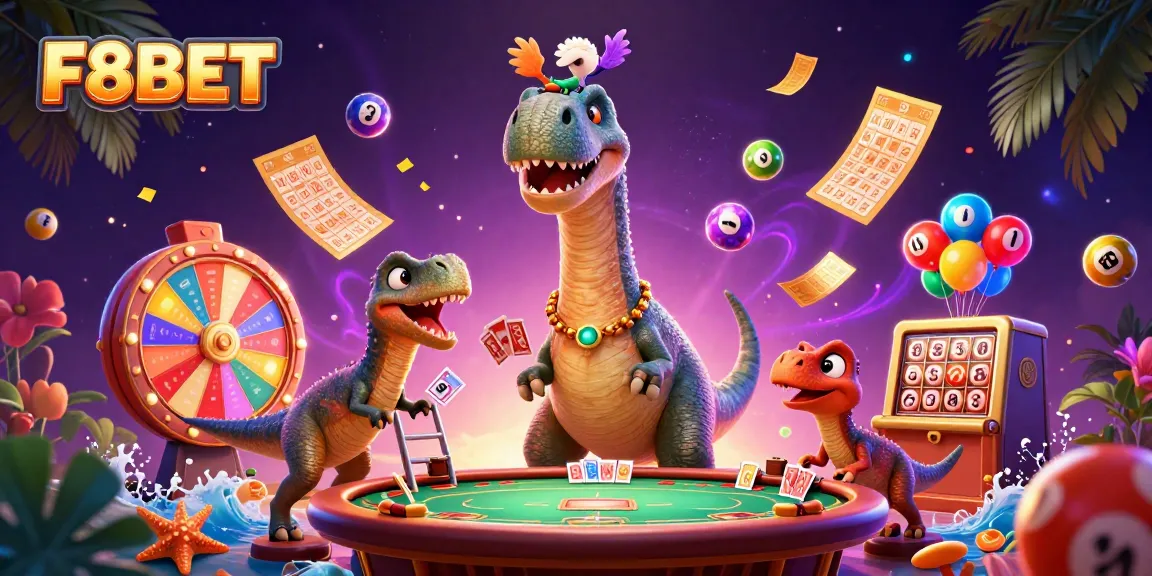 Experience F8BET with a dynamic scene featuring a colossal brontosaurus in a casino, vibrant games, and fun elements.