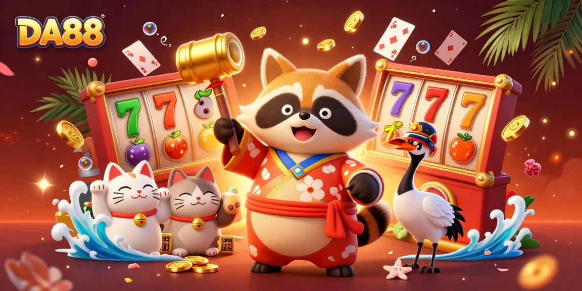 Spin the reels with DA88 in this vibrant 3D casino illustration showcasing luck and prosperity.