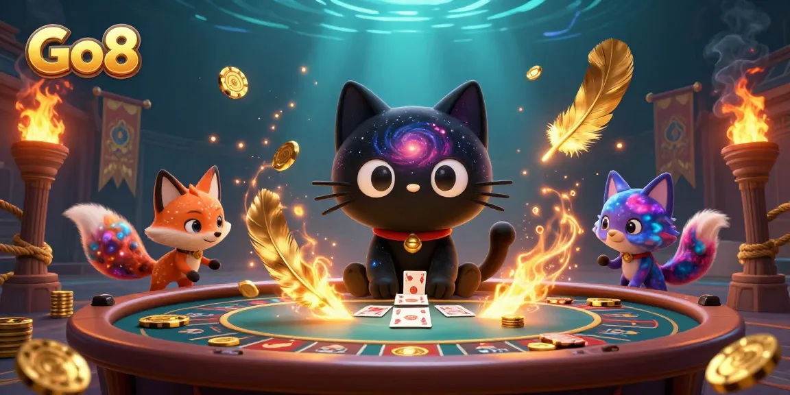 Join the excitement at Go8's cosmic casino table with thrilling action, chips, and cards.