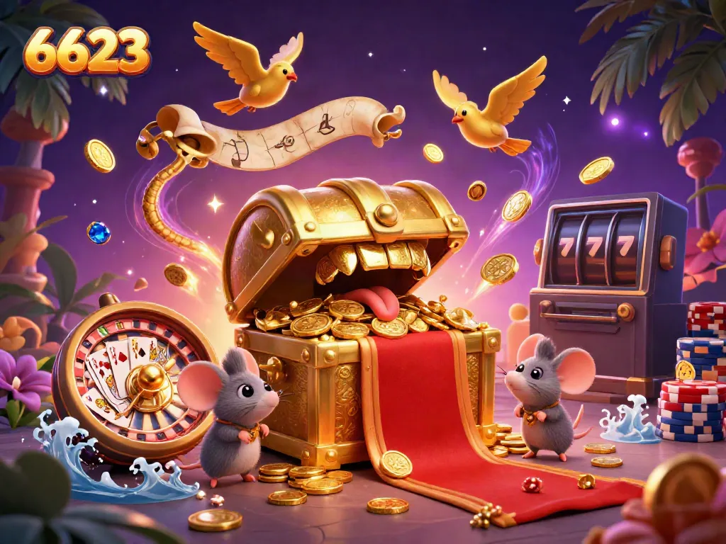 Engage with 6623 in a vibrant 3D casino adventure featuring golden treasures and lively game elements.