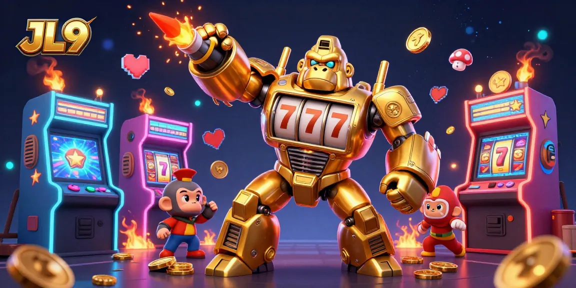 JL9 showcases a dynamic scene of a golden gorilla mech with explosive coins, emphasizing casino excitement.