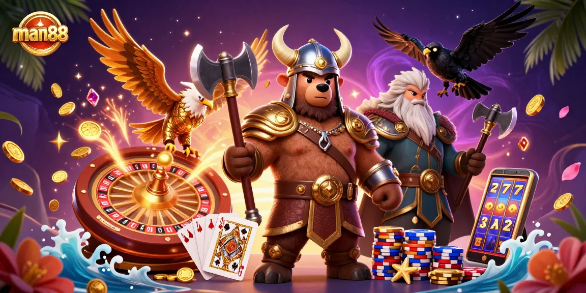 Experience thrilling gameplay with man88 in a vibrant 3D casino illustration featuring epic characters.