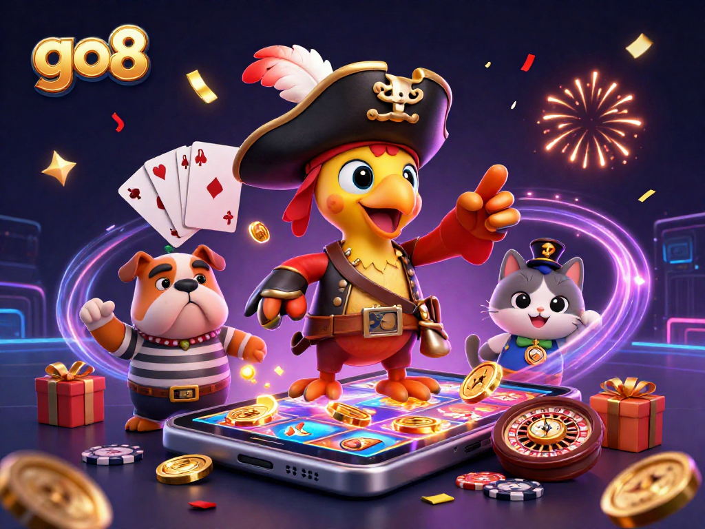 Unleash the excitement at go8 with a vibrant 3D pirate scene featuring games, coins, and festive decorations