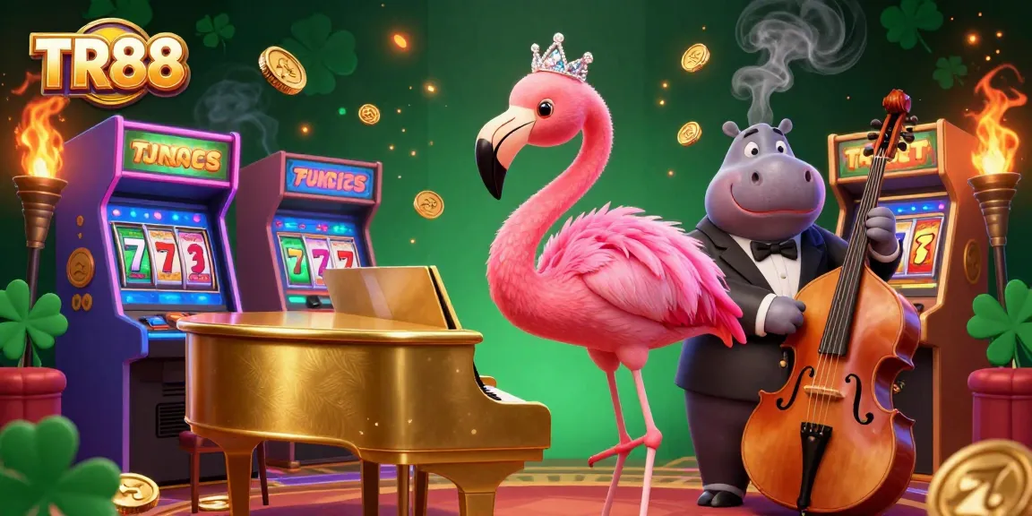 Engage with TR88 at a vibrant casino scene featuring a flamingo singer and hippo bassist.