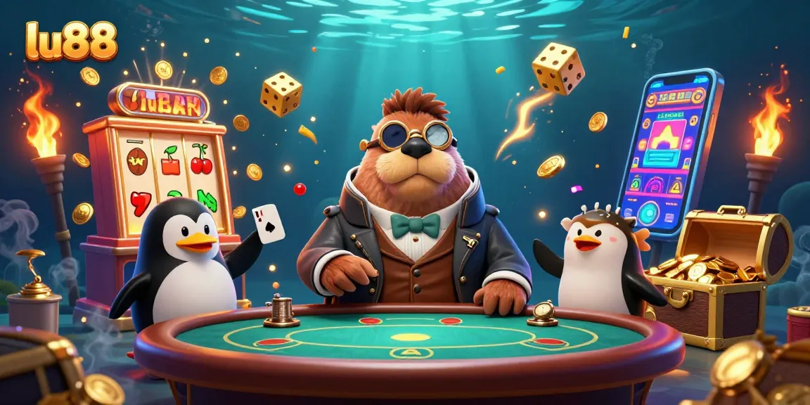 lu88 casino illustration with a walrus and penguin dealer at an underwater poker table