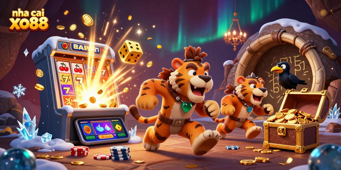 Nha cai xo88 features a playful caveman and tiger duo in a vibrant casino setting with slot machines and game elements.